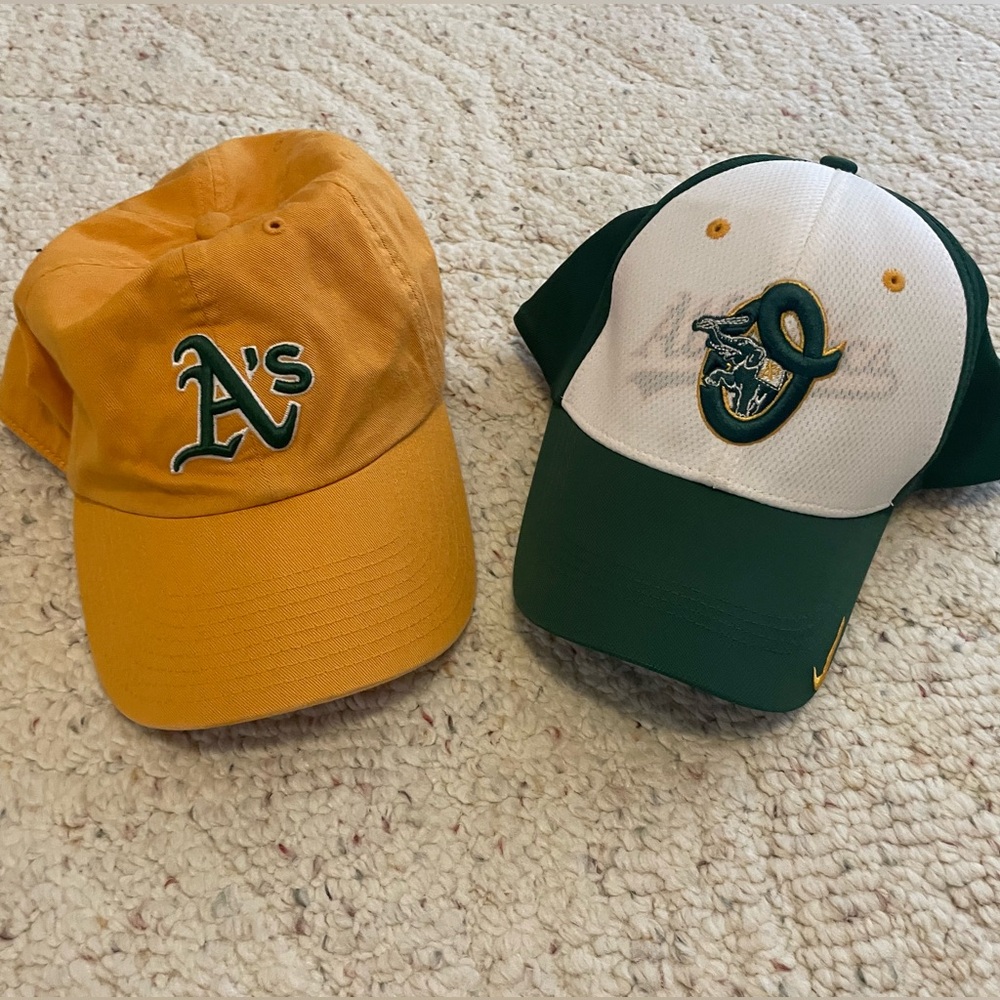 Two Oakland A’s Hats - One Yellow and One Green and White